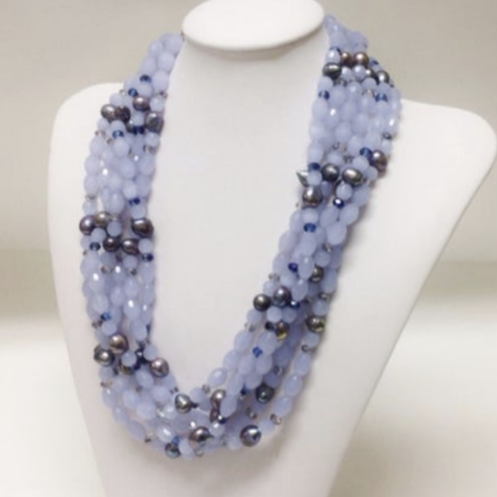 Multi Strand Mixed Gem and Pearl Statement Necklace in Purple with Earrings Set